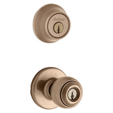 Kwikset 690P 5CP 6ALRCSK6 Deadbolt Security Set, Knob Handle, Polo Design, Antique Brass, 3 Grade